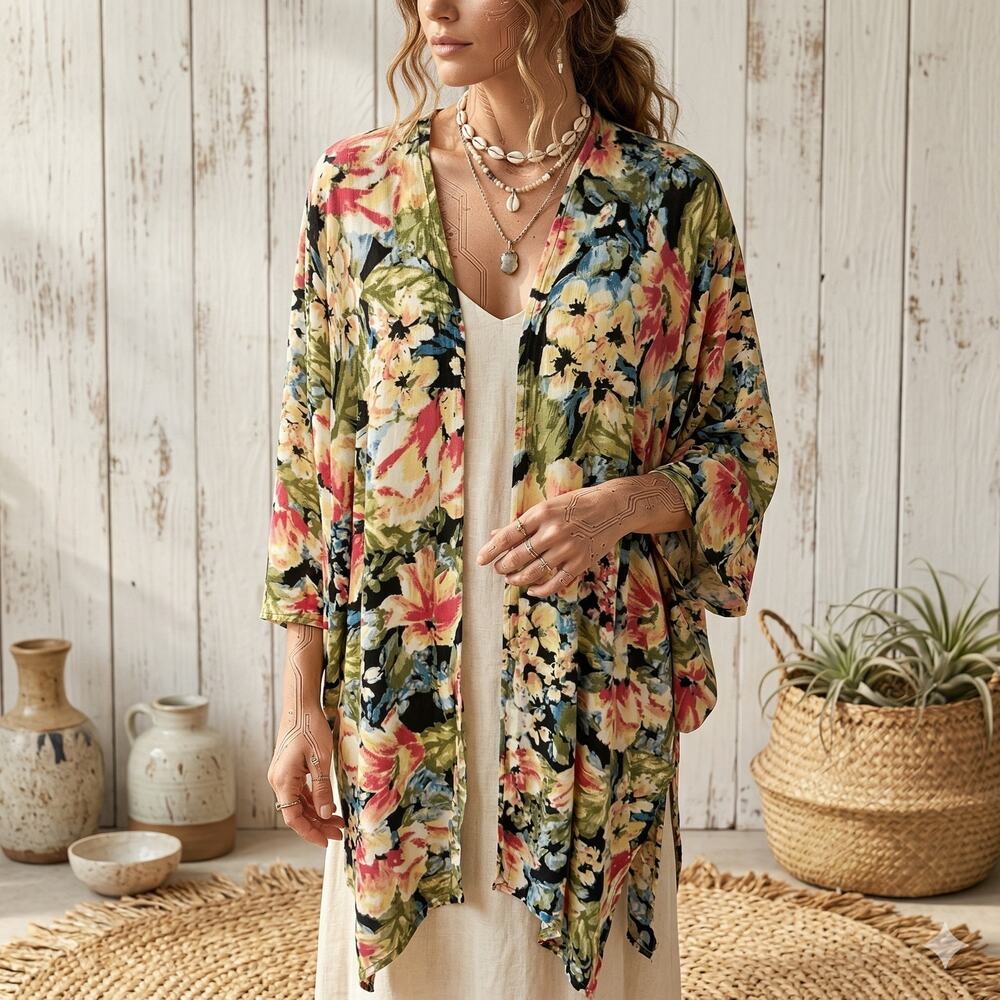 Billabong Black Yellow Floral Strappy Back Kimono M/L